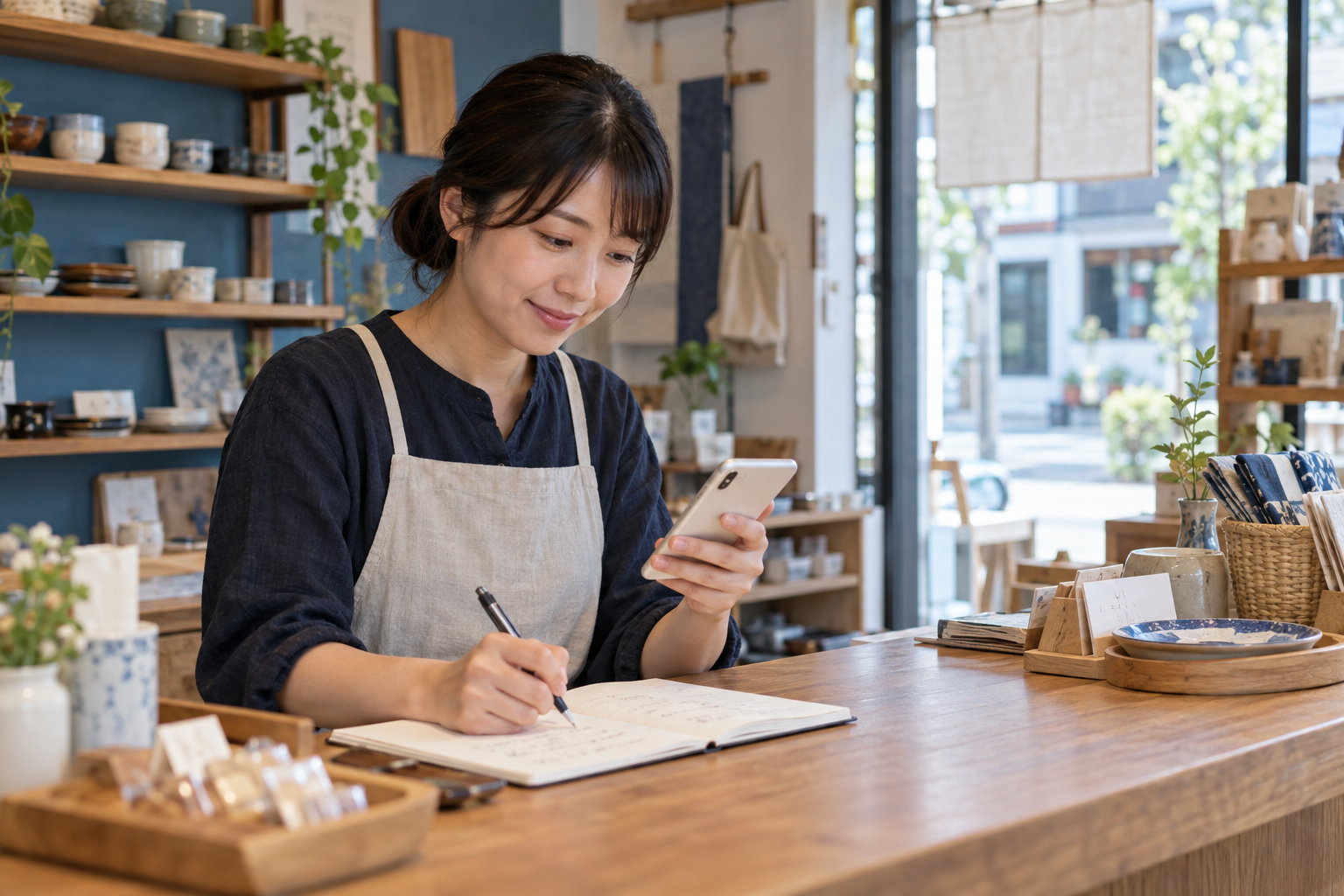 小規模店舗の担当者が、スマートフォンを見ながら来店導線の記録を整理しているイメージ