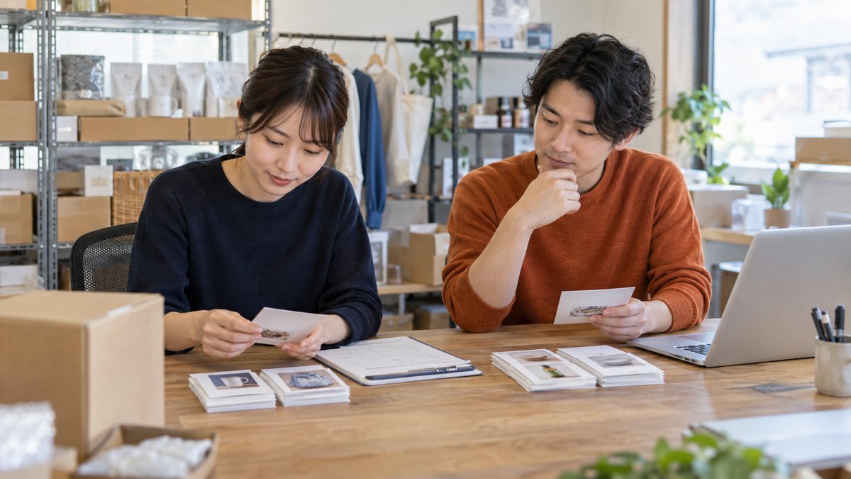小規模ECの担当者が商品カードと業務記録を見比べ、確認待ちと入力待ちを整理している